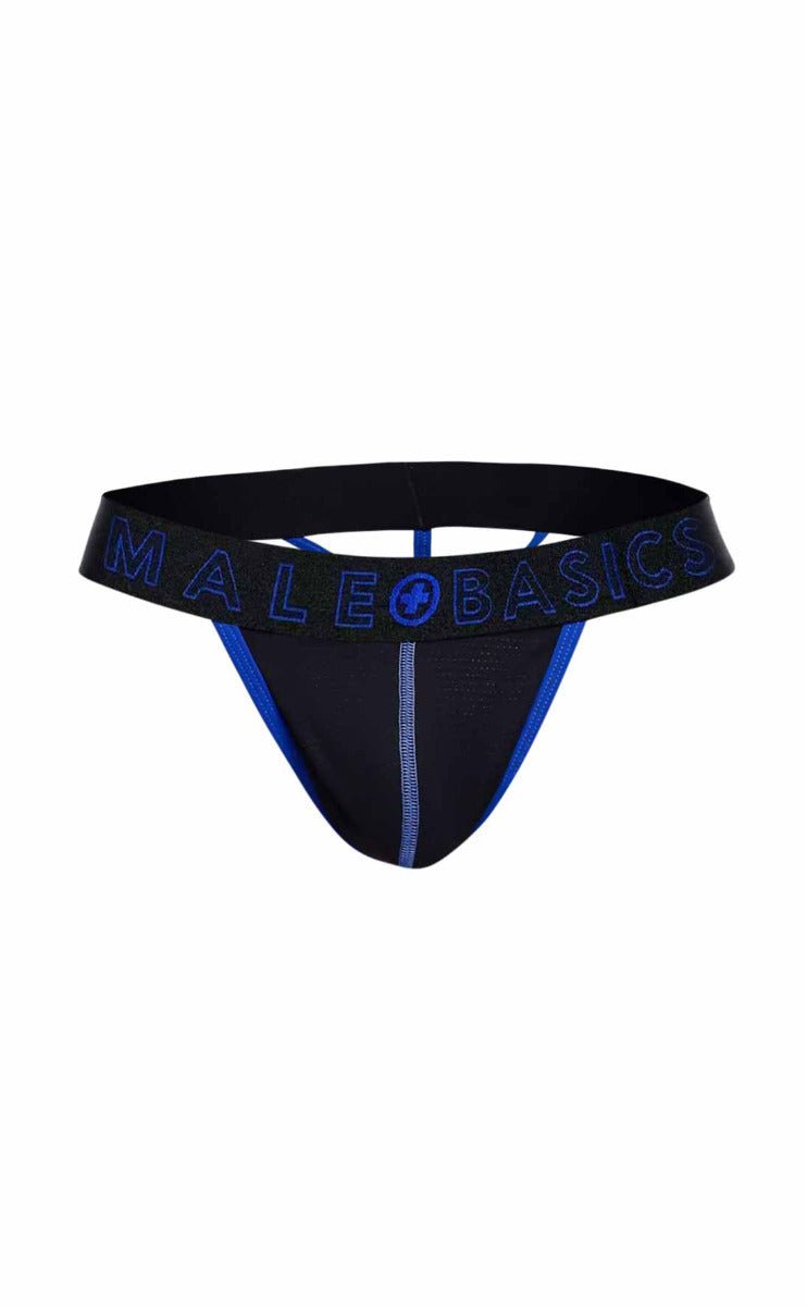 Black male basics neon thong with blue trim and logo detailing front view made of soft stretch fabric