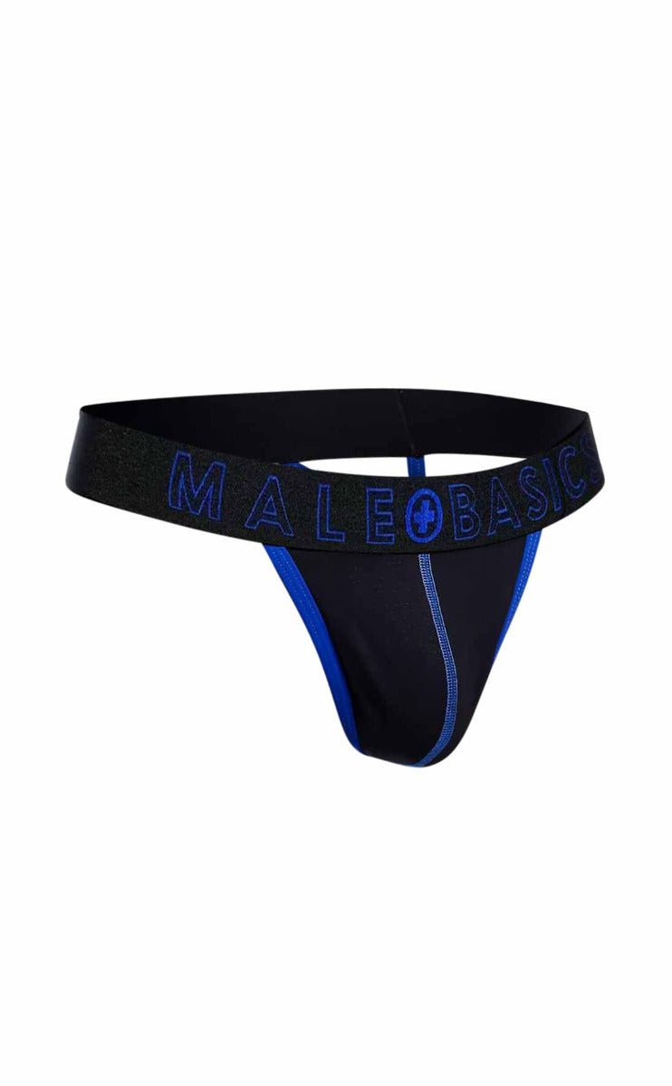 Malebasics neon thong black male basic thong with blue trim and logo showing front side for everyday wear