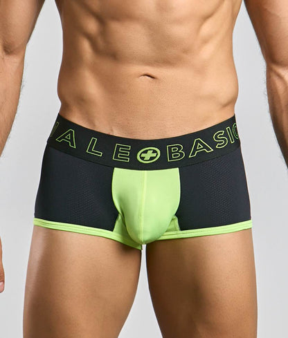 Male basics neon trunk black and neon green athletic briefs with mesh texture and ale basic lime green waistband logo