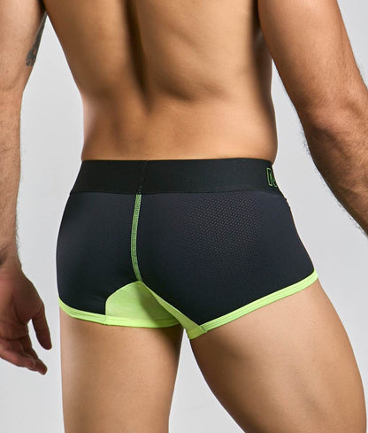 MaleBasics neon trunk black athletic briefs with neon green trim and breathable mesh detailing for active wear