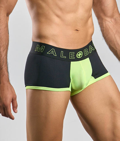 Black and neon green malebasics neon trunk athletic briefs with mesh side panel and neon green branding