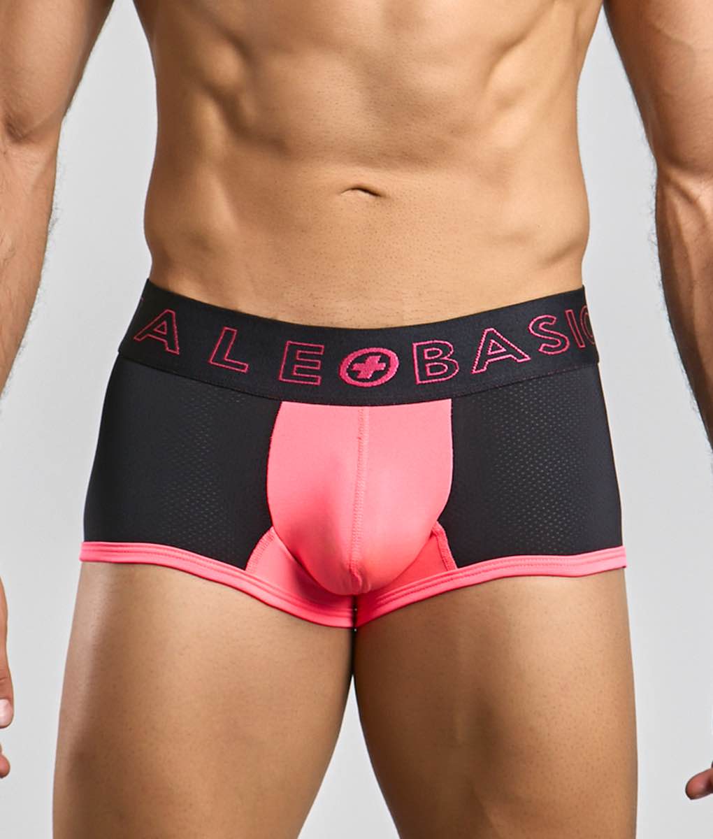 Malebasics neon trunk black and pink athletic briefs with mesh fabric and bold pink ale basics logo on waistband