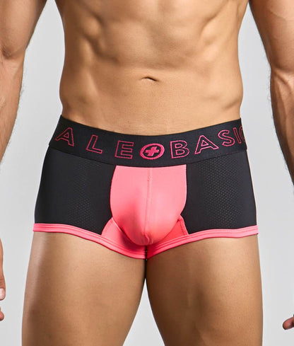 Malebasics neon trunk black and pink athletic briefs with mesh fabric and bold pink ale basics logo on waistband