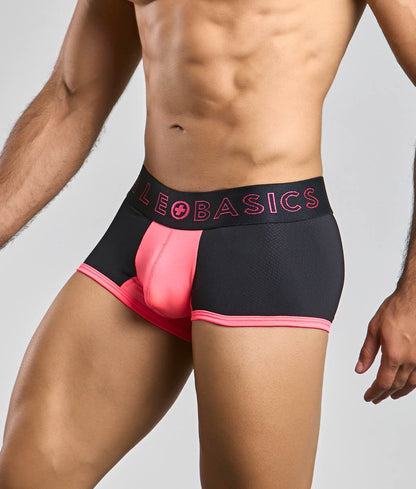 MaleBasics neon trunk black and pink athletic briefs with bold design and bright pink leo basics logo on waistband