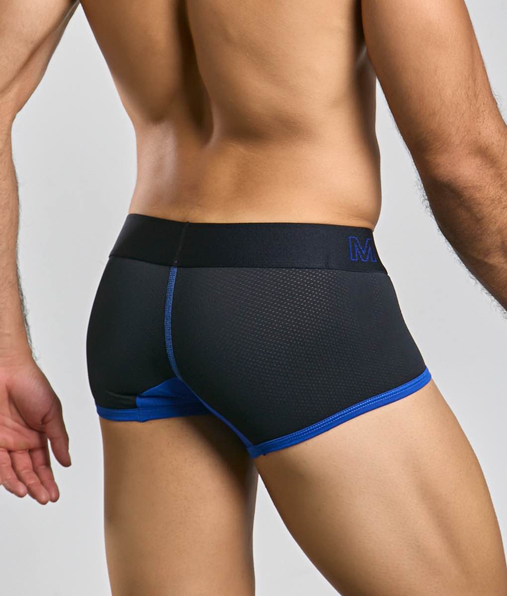 MaleBasics Neon Trunk black athletic briefs with blue mesh panels and trim and a subtle logo on the waistband
