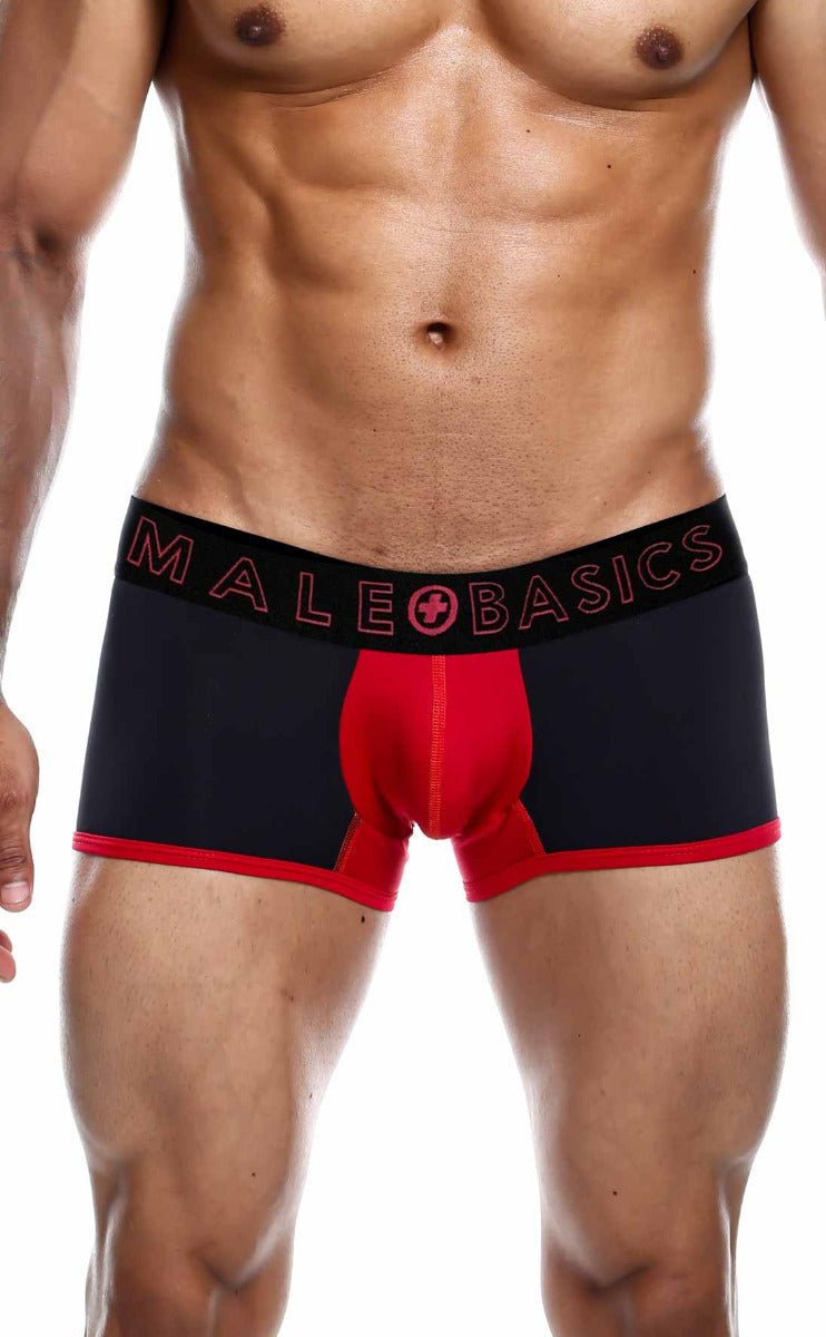 MaleBasics neon trunk men’s boxer briefs in black and red with bold logo waistband for comfortable everyday wear