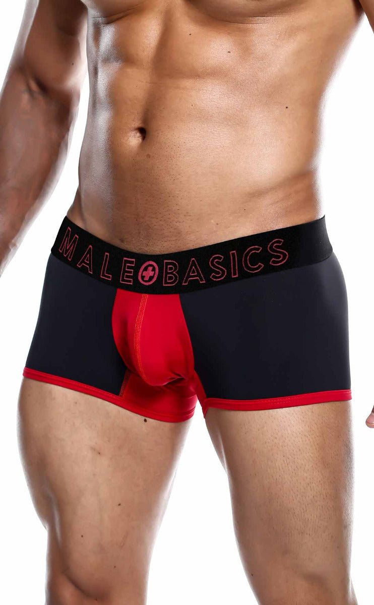 Male basics neon trunk black and red men’s boxer briefs with bold male basics logo on waistband