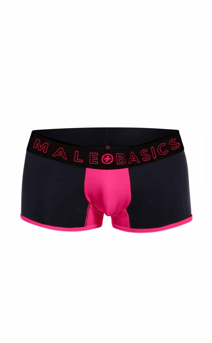 Male basics neon trunk boxer briefs in black and bright pink with bold color block design for comfortable everyday wear