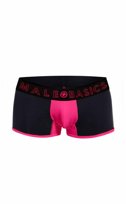 MaleBasics neon trunk boxer briefs in black and bright pink with bold color-block design for everyday comfort