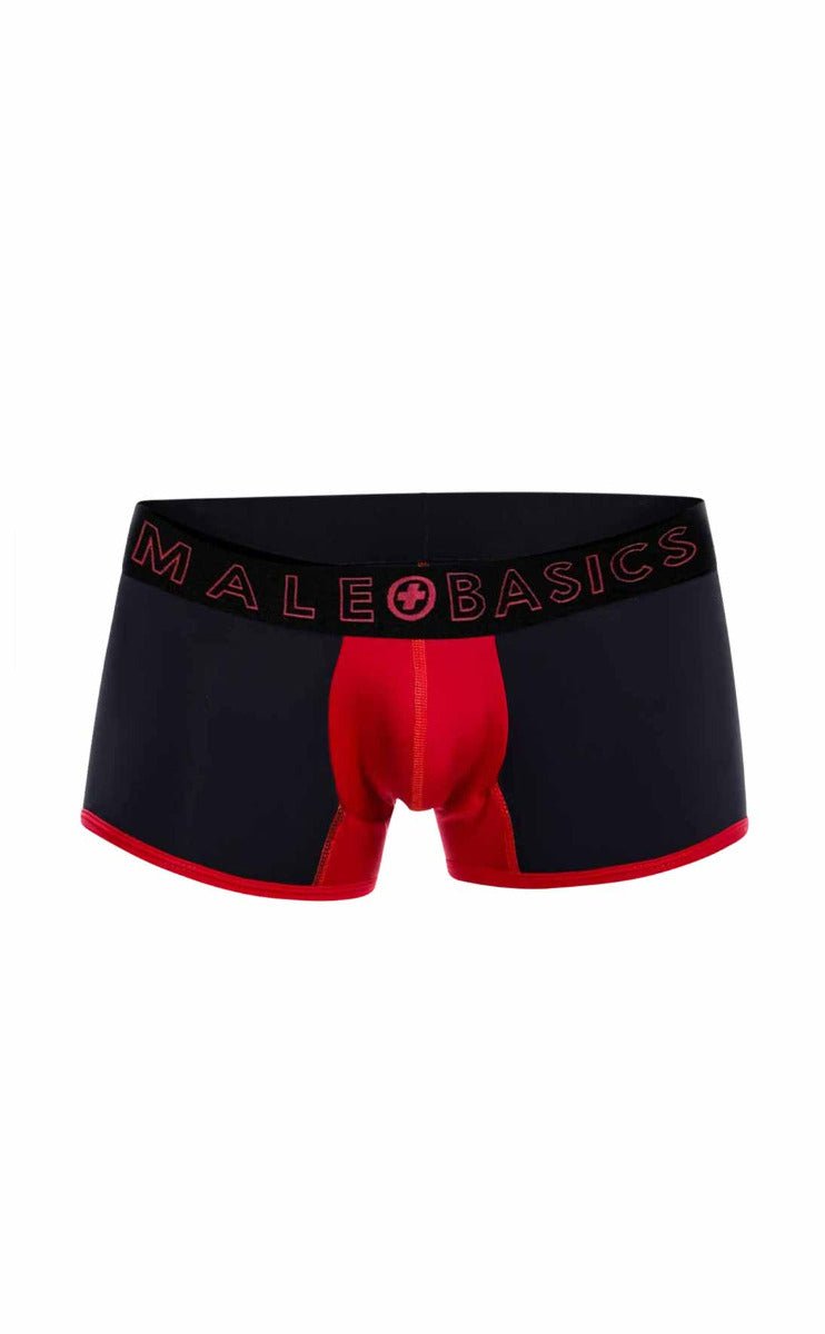 Black and red male basics neon trunk boxer briefs with bold contrast design and comfortable stretch fabric