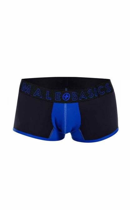 Malebasics neon trunk boxer briefs in black and blue with a contrasting royal blue front panel for daily wear