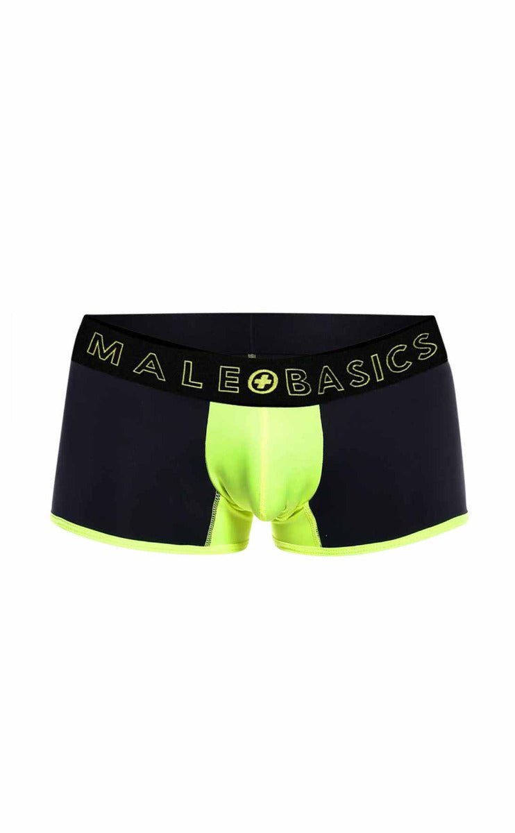Black and neon green men’s boxer briefs with branded waistband from MaleBasics Neon Trunk collection