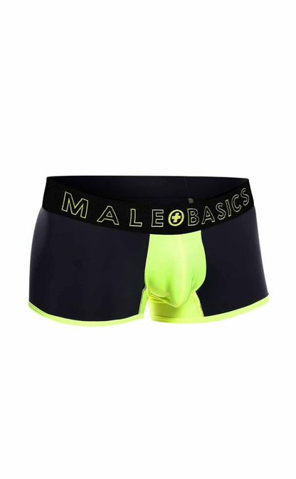 Malebasics neon trunk boxer briefs in black and neon green with a bold contrasting design for everyday comfort