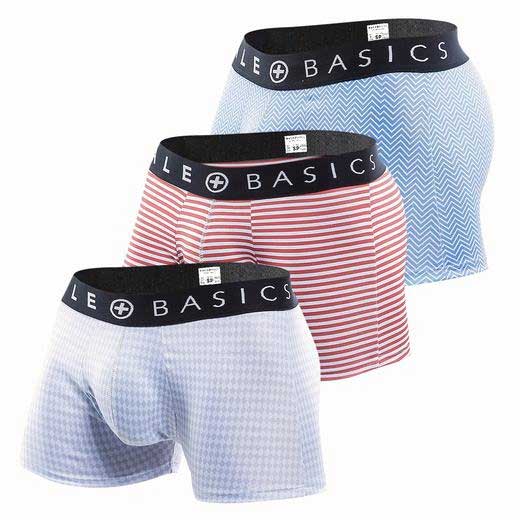 Set of three male basics new trunk boxer shorts in light blue chevron pink and white stripes pale blue gingham patterns