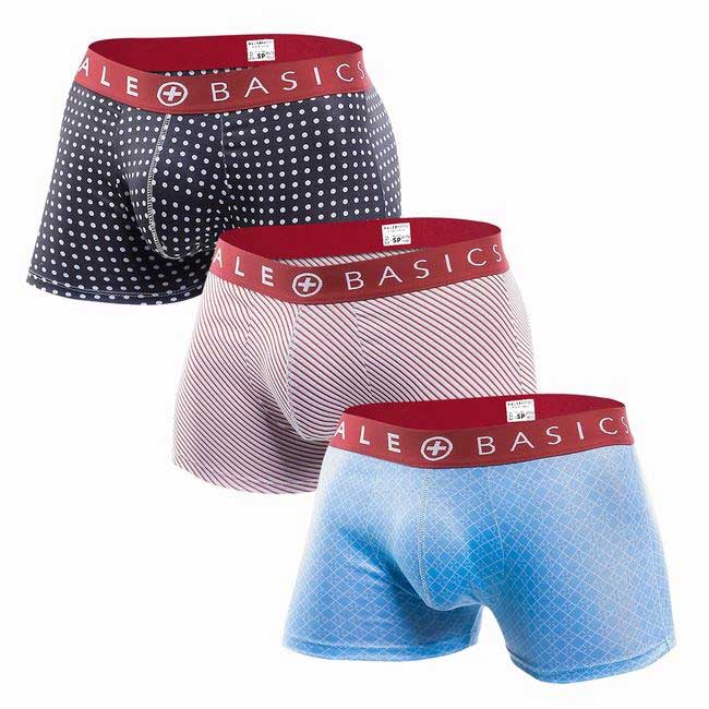Set of three ale basics malebasics new trunk boxer shorts in navy polka dot pink striped and light blue geometric patterns with red waistbands