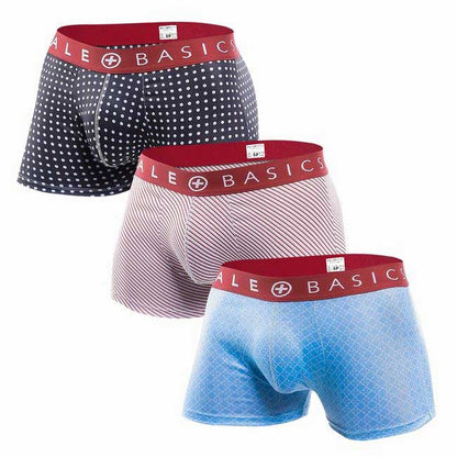 Set of three malebasics trunk boxer shorts featuring navy polka dot pink striped and blue geometric patterns with red waistbands