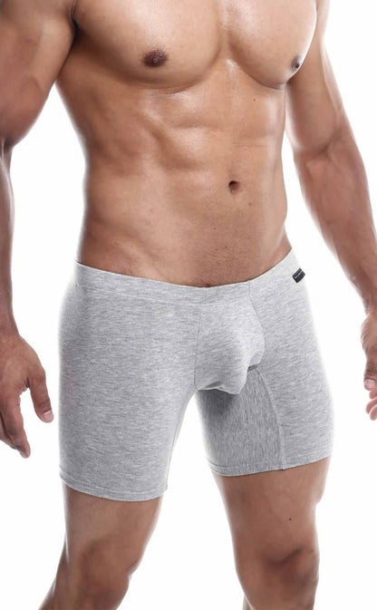 Gray heathered men’s boxer briefs with contoured pouch and elastic waistband from malebasics silver plus 3 pack