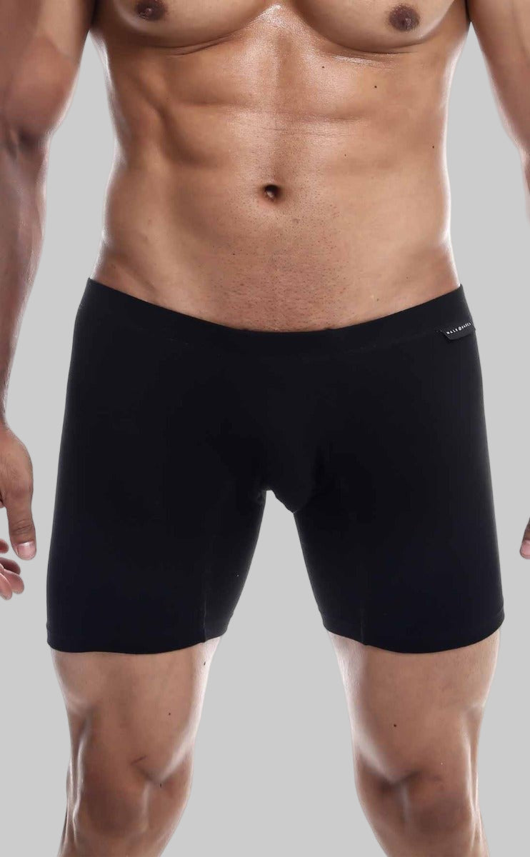 Black malebasics silver boxer briefs with smooth form-fitting fabric and subtle brand logo on the waistband
