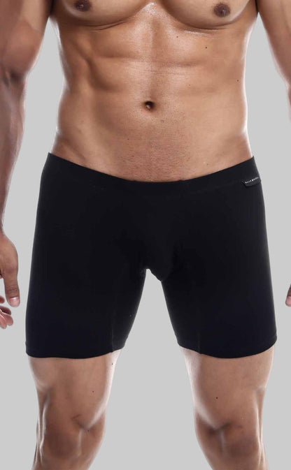 Black malebasics silver boxer briefs with smooth form-fitting fabric and subtle brand logo on the waistband