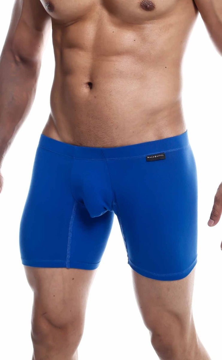 MaleBasics silver plus bright blue boxer briefs with smooth fabric and a small black brand tag on the waistband
