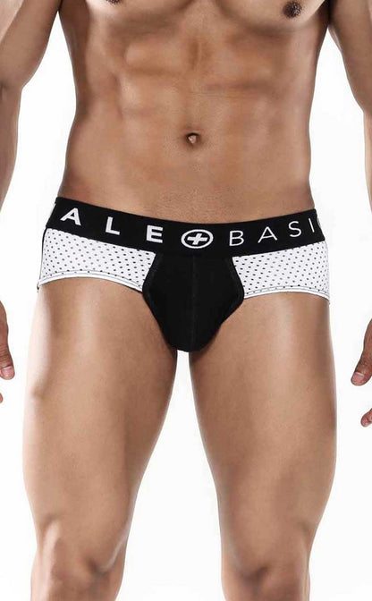 Malebasics spot brief black patterned briefs with mesh sides and ale basi branding on the waistband