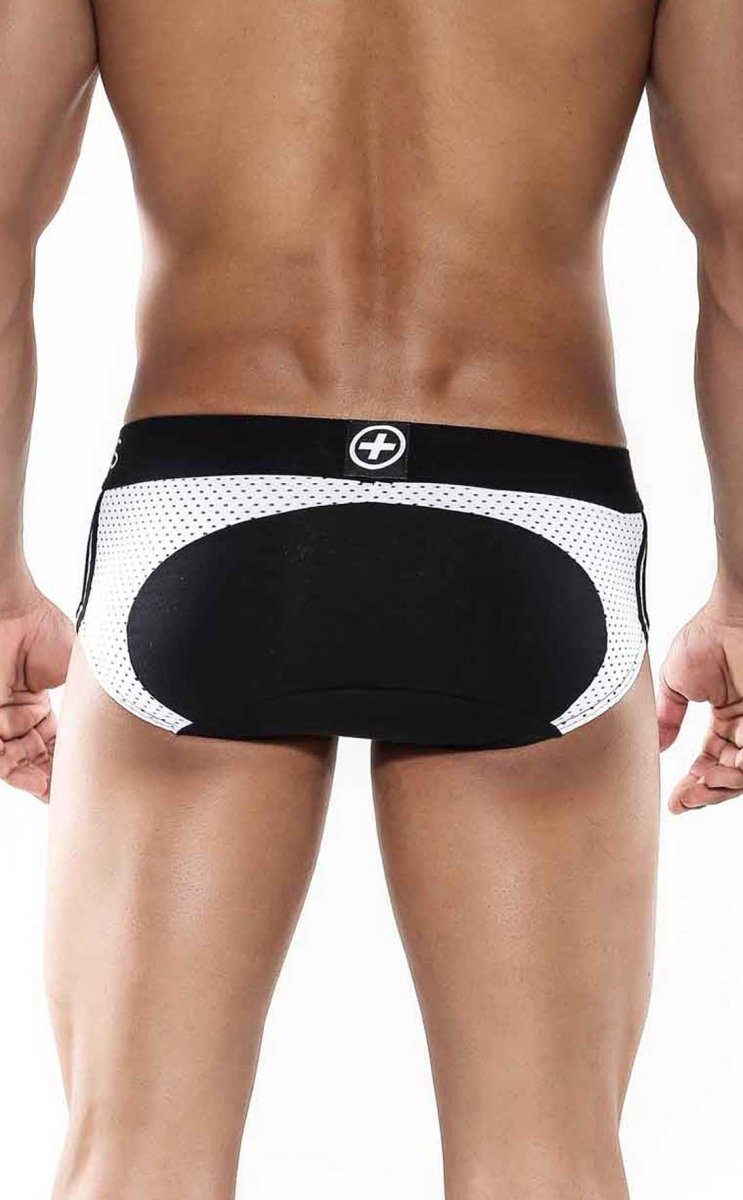 Malebasics spot brief black back side showing black and white mesh briefs with solid black panel and circular logo waistband