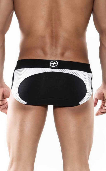 Malebasics spot brief black back side showing black and white mesh briefs with solid black panel and circular logo waistband