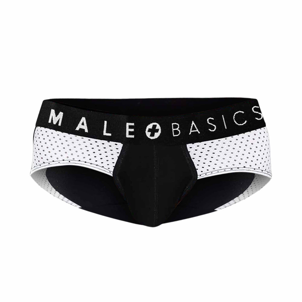 Black and white mesh-patterned men’s brief underwear with male basics branding on the waistband