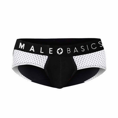 Black and white mesh-patterned men’s brief underwear with male basics branding on the waistband