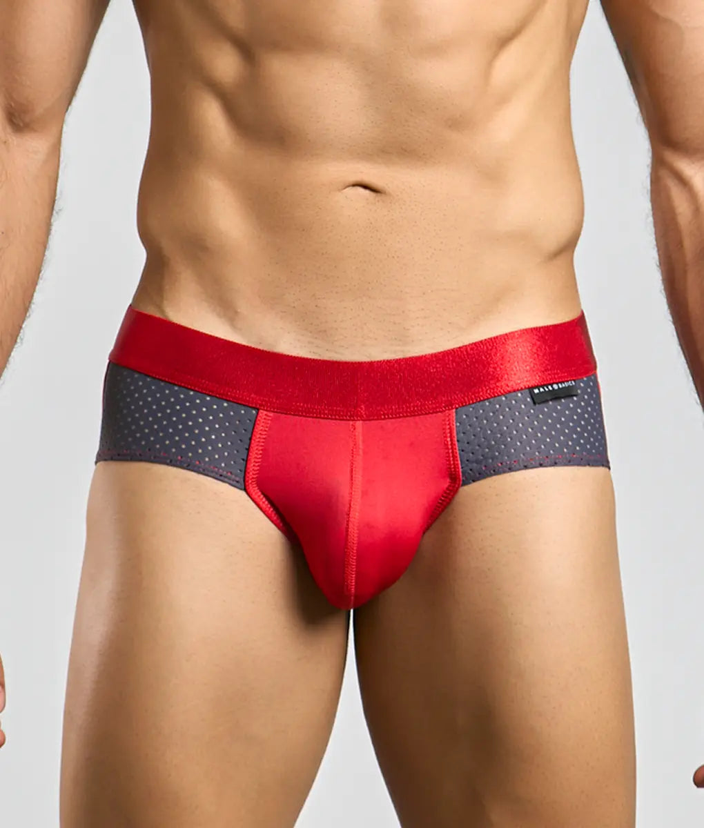 MaleBasics Spot Brief red athletic briefs with satin-like waistband and dotted mesh panels for performance wear