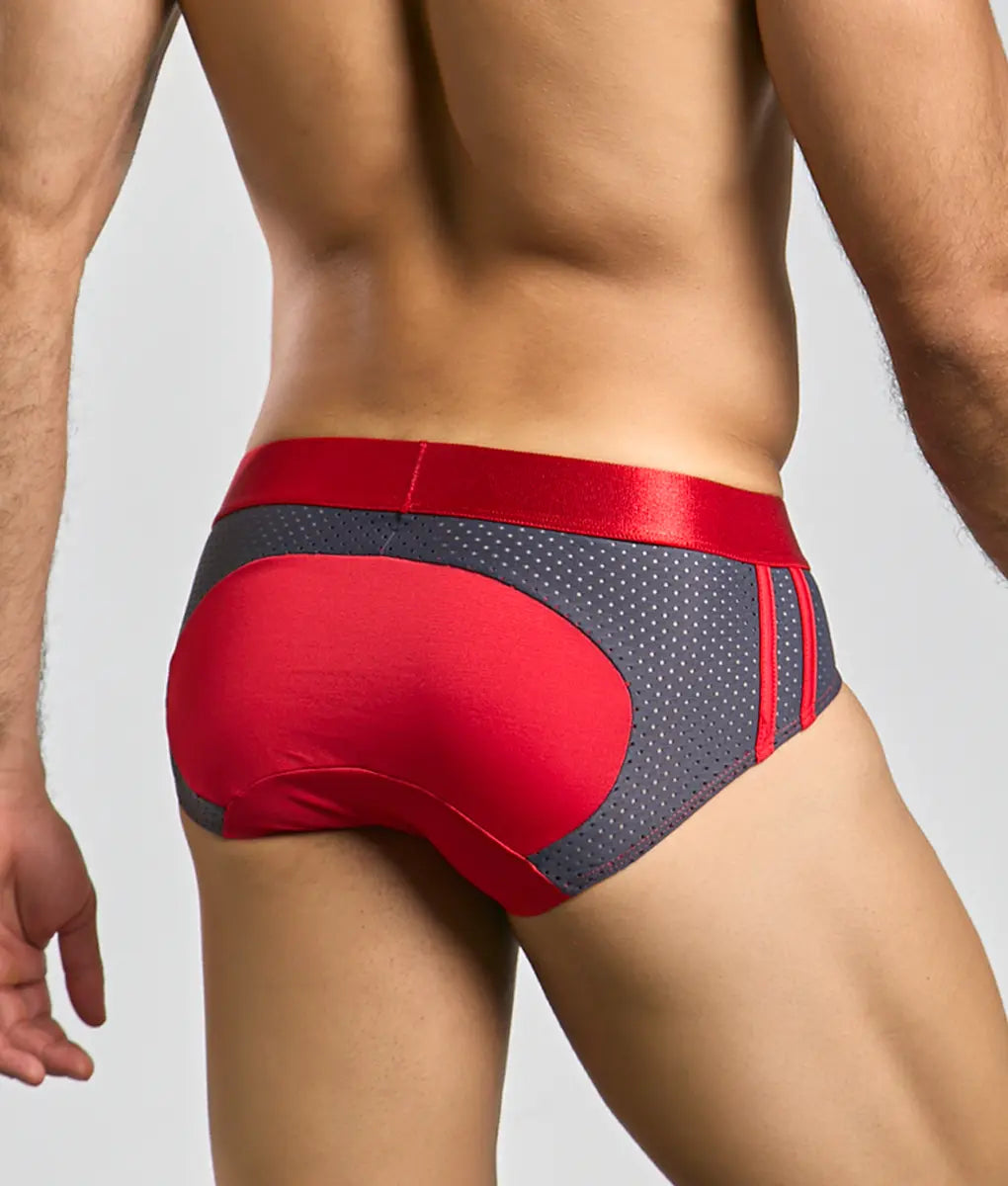 Malebasics spot brief red athletic briefs with satin waistband and perforated gray mesh panels for ventilation