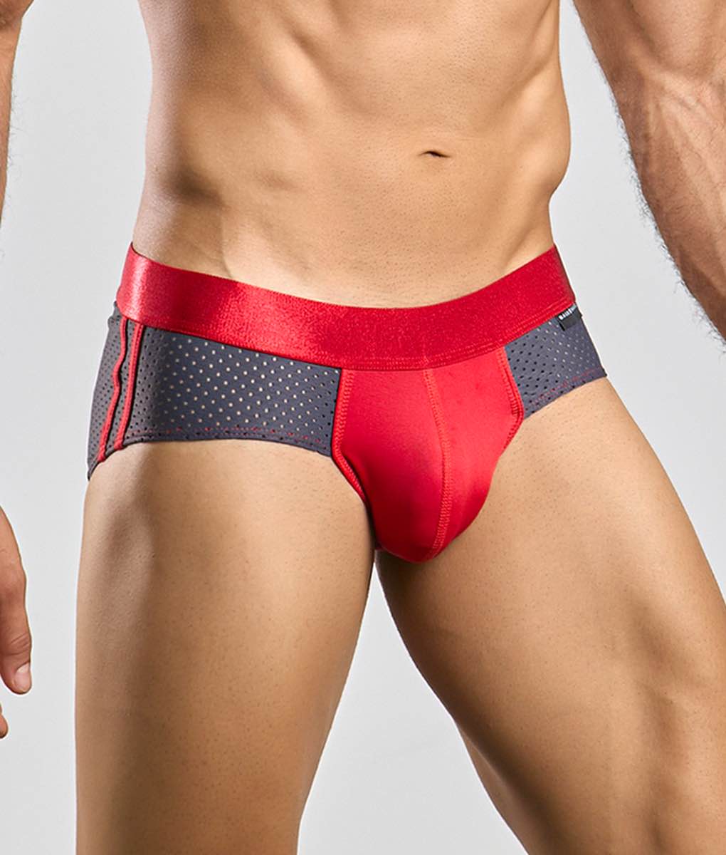 Red and gray malebasics spot brief with satin waistband and perforated side panels made of athletic fabric