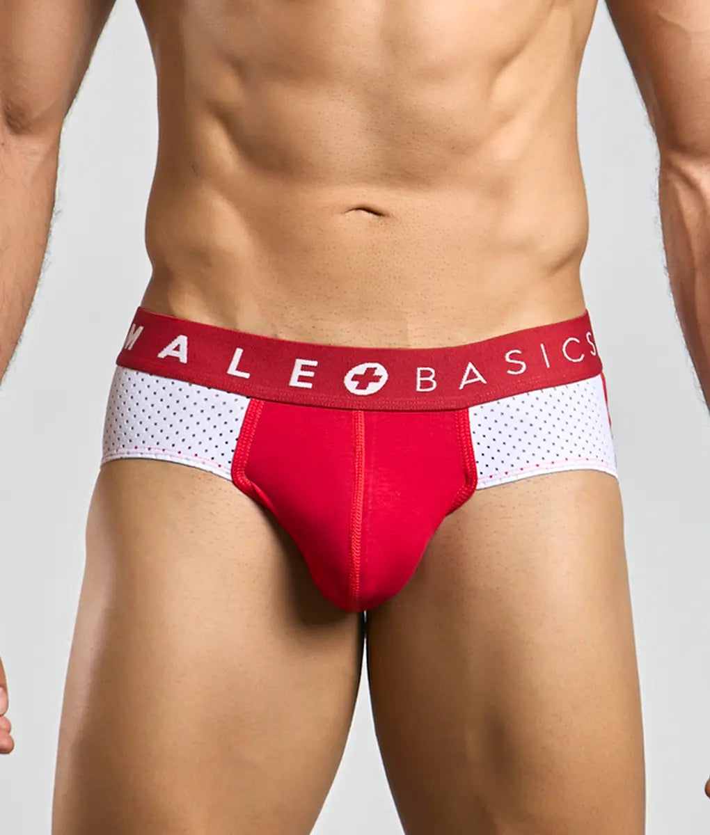 Male basics spot brief red and white male briefs with perforated design for breathable comfort