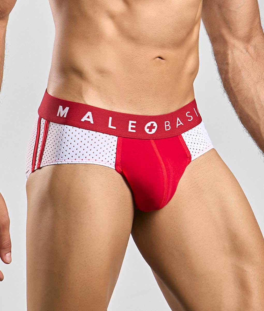 Male basics spot brief red athletic briefs with perforated side panel and bold brand name waistband