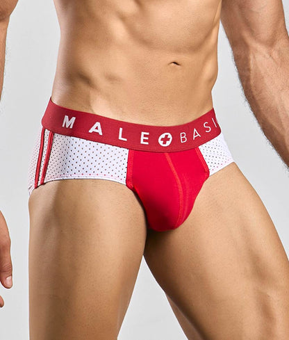Male basics spot brief red athletic briefs with perforated side panel and bold brand name waistband