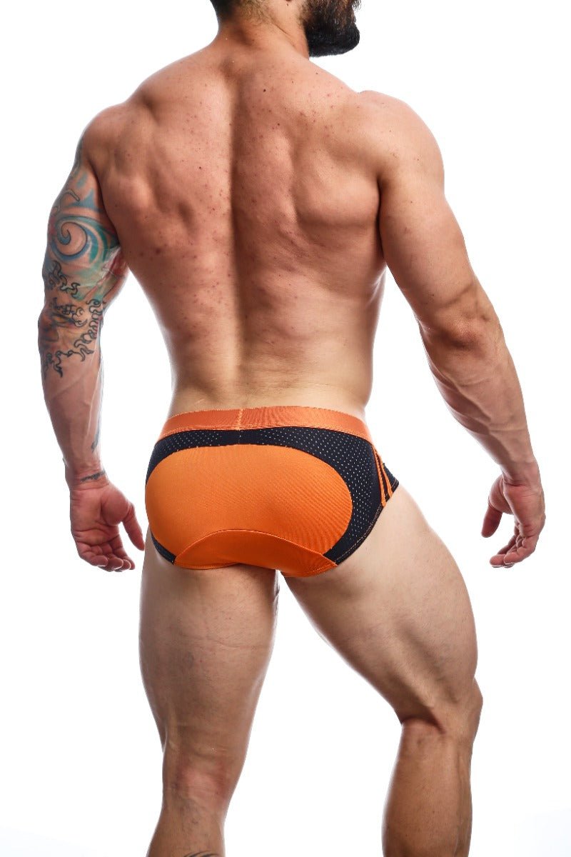 Malebasics spot brief red orange and black mesh swim trunks with contoured design for men