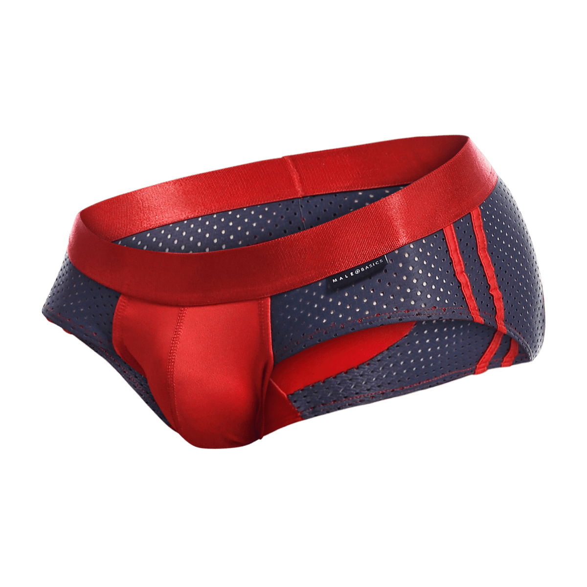 Malebasics spot brief red features red and navy blue perforated fabric with satin red waistband and bold red side stripes
