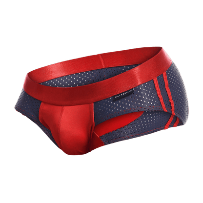 Malebasics spot brief red features red and navy blue perforated fabric with satin red waistband and bold red side stripes
