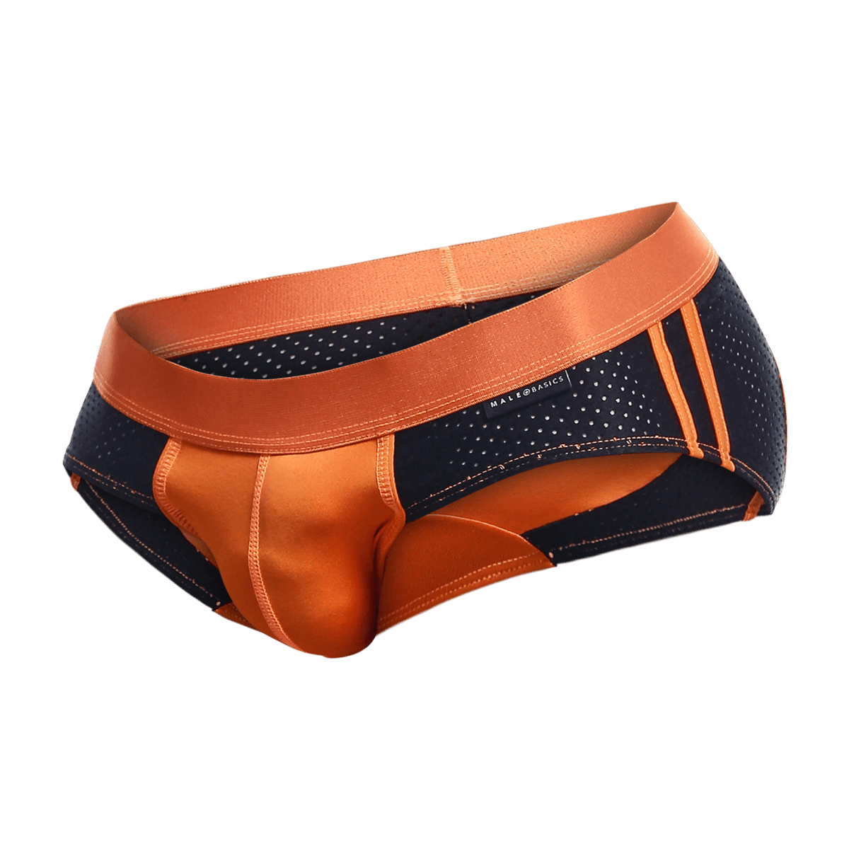 Malebasics spot brief red perforated orange and navy blue athletic briefs with satin trim and three vertical stripes on side