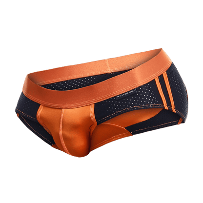 Malebasics spot brief red perforated orange and navy blue athletic briefs with satin trim and three vertical stripes on side