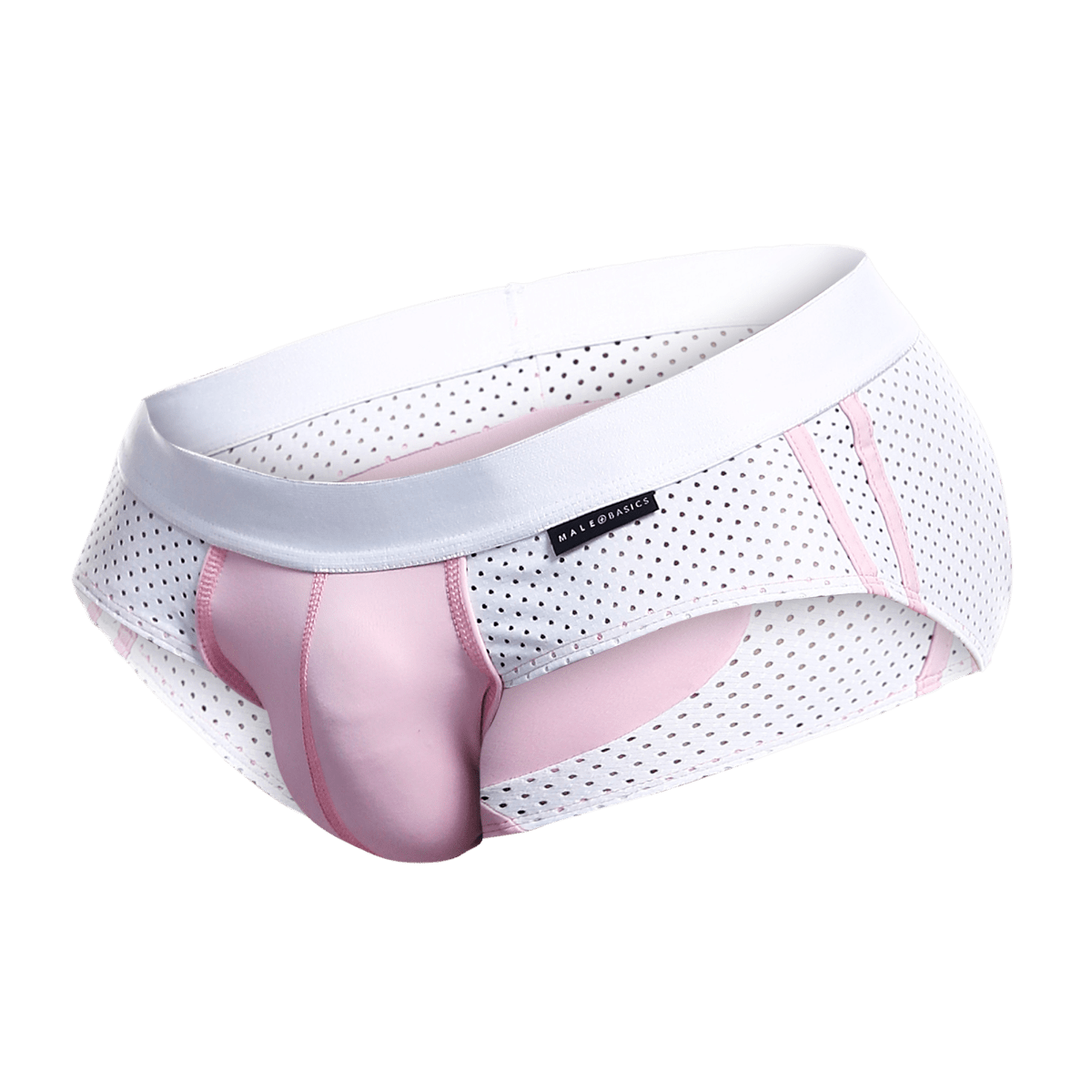 Malebasics spot brief red white and pink perforated mesh briefs with satin-like pink panel front view