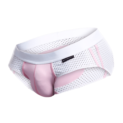 White and pink perforated mesh male basics spot brief with satin-like pink panel for breathable comfort