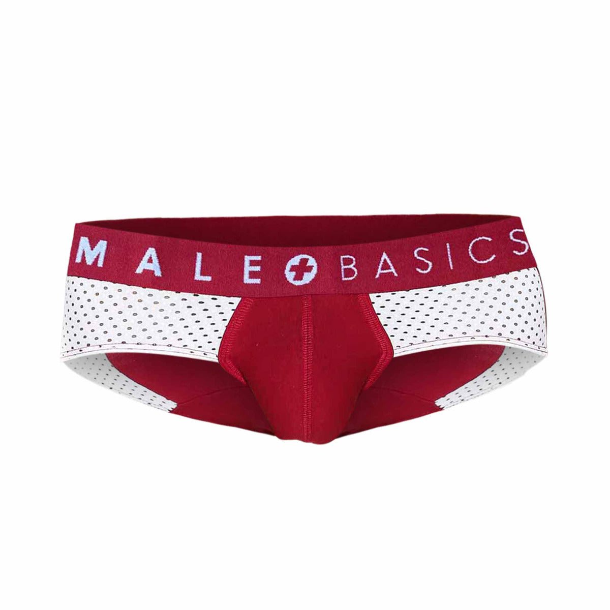 Malebasics spot brief red showing red and white male basics briefs with perforated mesh side panels