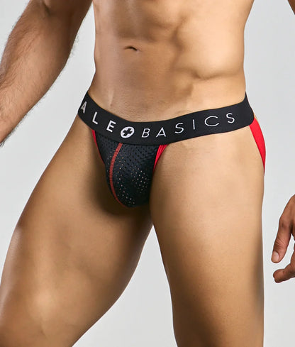 Black and red malebasics spot jockstrap with mesh front panel and ale basics branded waistband