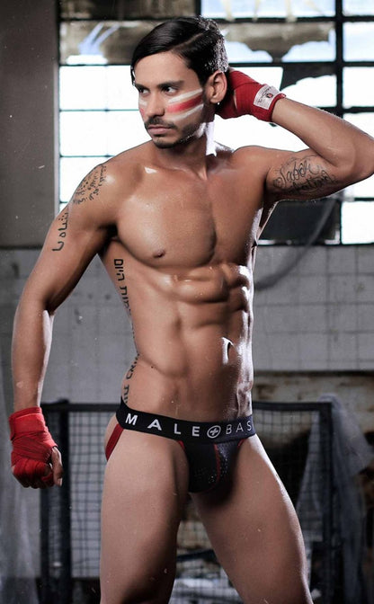 Black malebasics spot jockstrap athletic briefs with white branding designed for support and comfort
