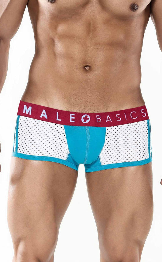 Blue and white mesh men briefs with red waistband and male basics logo from malebasics spot new sexier trunk turquoise