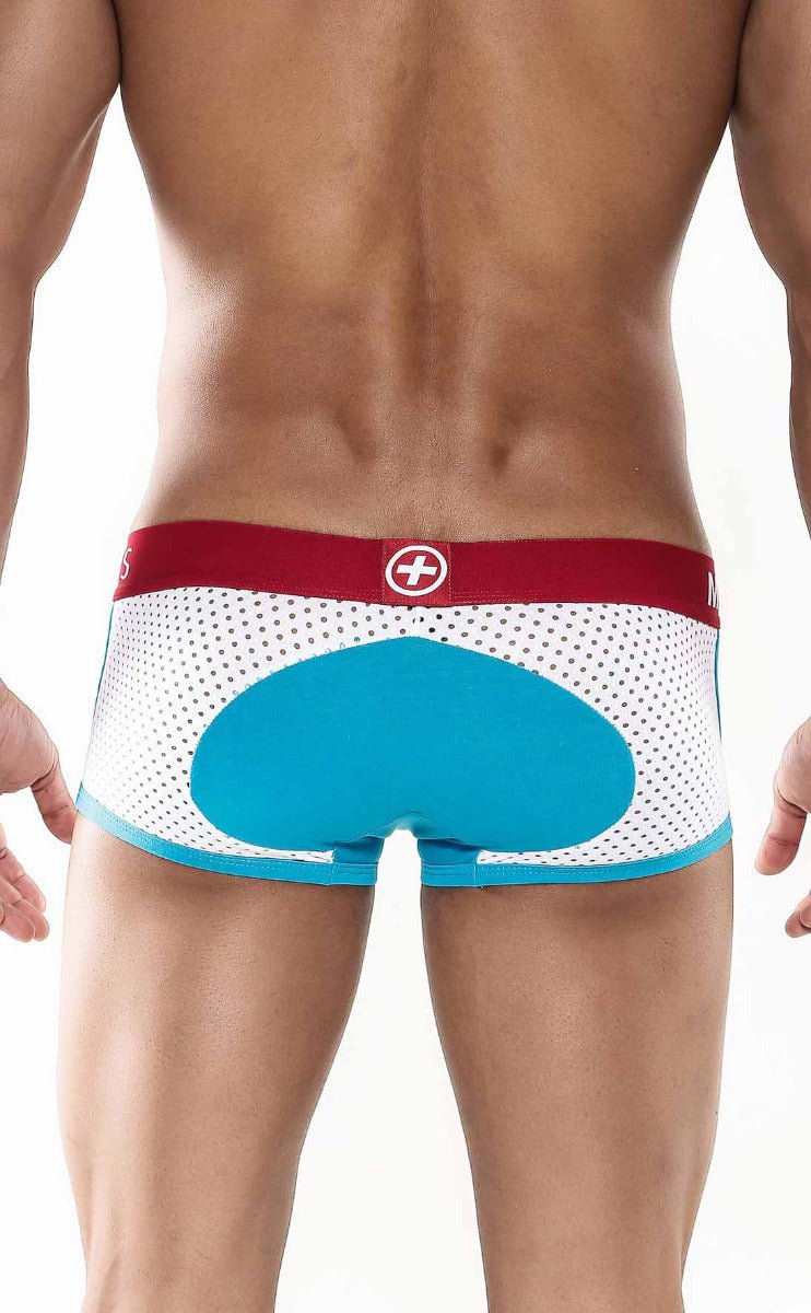 Malebasics spot new sexier trunk turquoise white mesh briefs with bold turquoise panel and red waistband with white cross logo