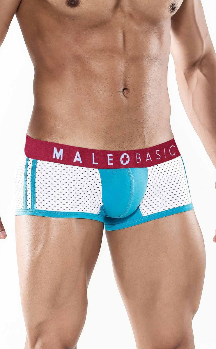 Men’s blue and white mesh briefs with a red waistband featuring the male basic logo from malebasics spot new sexier trunk-turquoise collection