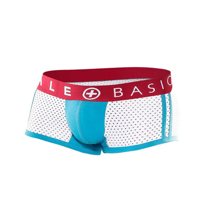 Malebasics spot new sexier trunk turquoise mesh briefs in white and turquoise with a red waistband and le plus basic logo
