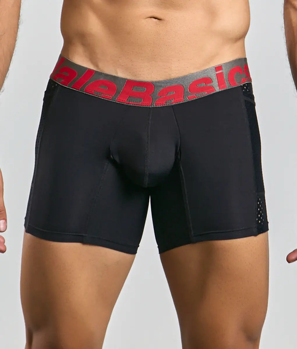 Black men’s boxer briefs with gray waistband red alebasics branding and perforated side panels from malebasics titanium pocket boxer brief